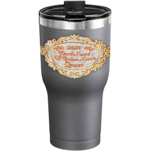 A custom tumbler made of stainless steel with a personalized engraved copper lettering, 30 oz, ideal for coffee or cool drinks